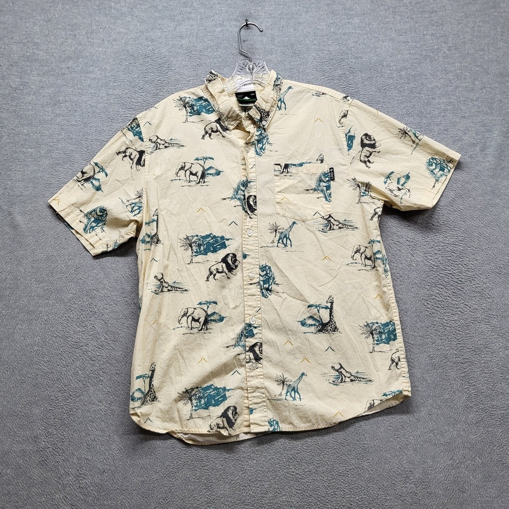 LRG Men Button Up Shirt MEDIUM Beige Animal Print Safari Animals Short